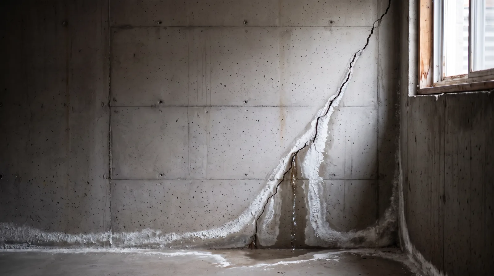Fissure qui laisse passer l’eau dans un mur de fondation, avec efflorescence